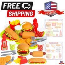 Pretend Play Food Set, Hamburger Fries Pizza Popcorn Toys Role Play Take Apar...