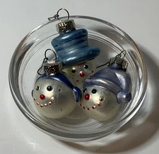 Miniature Glass Christmas Ornament Lot (3) Snowman Heads White & Blue Approx 1”