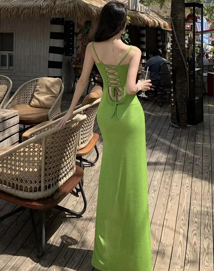 Vestido Largo Verde Pistacho Con Tirantes Y Escote Recto De Verano CF40827