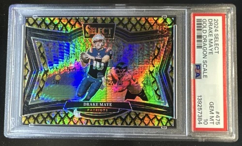 2024 Panini Select Drake Maye Field Gold Dragon Scale Prizm RC #/15 PSA 10