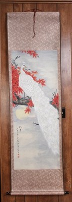 Vintage Chinese Scroll White Peacock 78 x 23'' ''Autumn Thoughts''