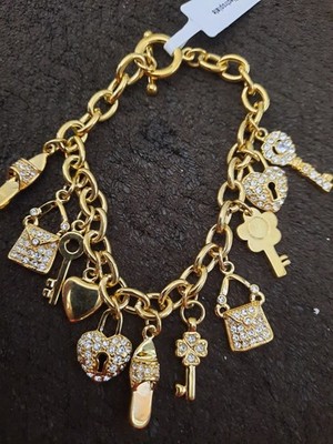 New Bracelet Crystal Yellow Gold-Plated Shoe, Purse, Heart Lock and Key Charm 