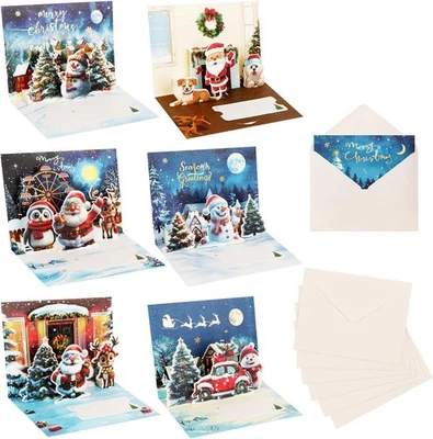 BRANDED 6 Pack Pop up Christmas Greeting Cards with Envelopes 3D Xmas Cards Handmade Bla