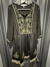 Free People Black Midi Dress with Gold Embroidery size 6