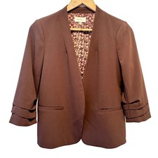 Skies Are Blue Knit Blazer Womens MP Brown Open Front Ruched 3/4 Sleeve Office