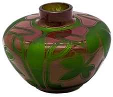 Hand Blown Green Satin Art Glass With Red Enamel Bulbous Vase