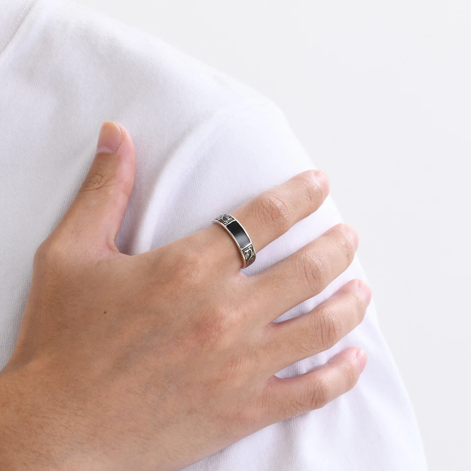 Anillos Vnox Retro Unisex Monograma Rectángulo Esmalte Negro, Anillo Apilable Nudillos Foto 4 de 4