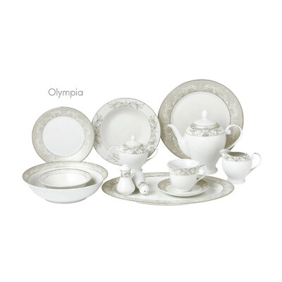Porcelain 57 Pcs Dinnerware for 8 People, Olympia-Mix and Match, Silver Border