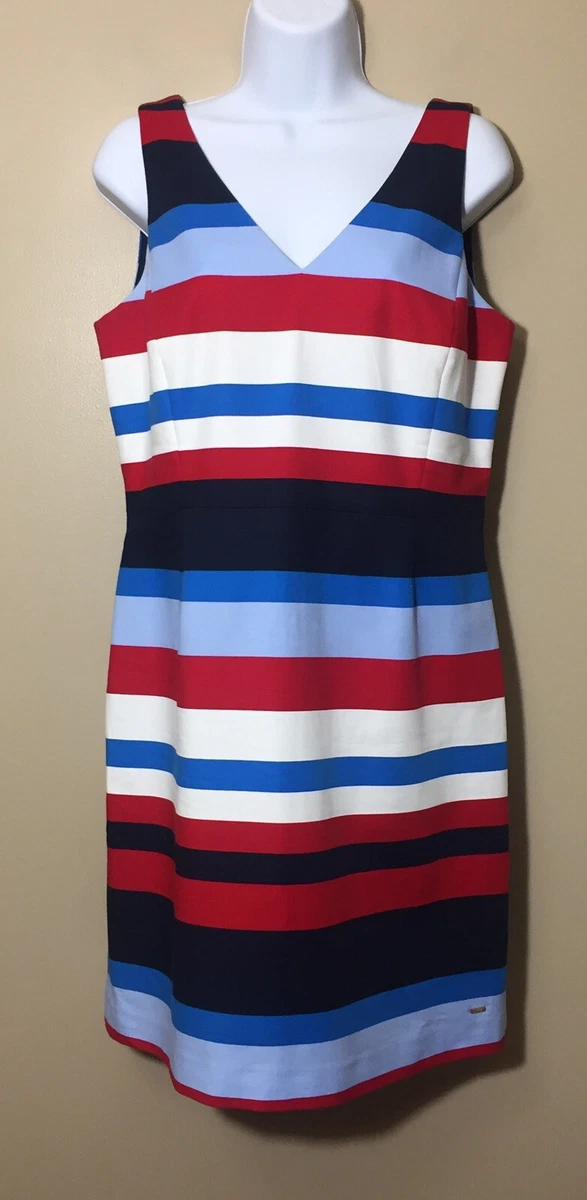 Tommy Hilfiger Womens Size 10 Red White Blue Striped Sleeveless Dress V Neck