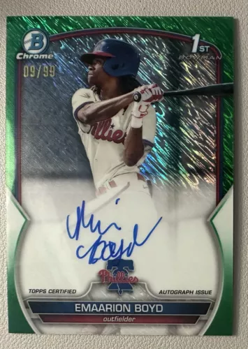 2023 BOWMAN CHROME EMAARION BOYD GREEN SHIMMER REFRACTOR AUTO #9/99