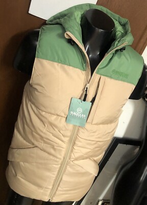 new Magellan Green Tan Puffer Quilted Hooded Insulated Zip Ski Vest Mens S Small