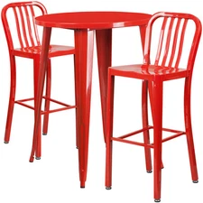 30'' Round Red Metal Indoor-Outdoor Restaurant Bar Table Set with 2  Barstools