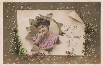 Postcard Bonne et Heureuse Année Happy New Year Woman Hand Mouth Divided Back
