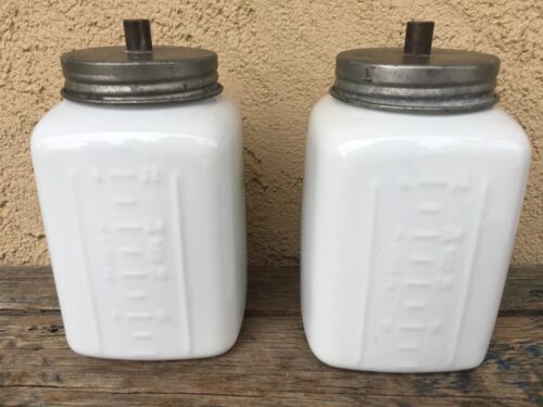 2 POTTERY BARN 8" FARMHOUSE RUSTIC WHITE CERAMIC CANISTERS GALVANIZED METAL LIDS - Picture 2 of 18