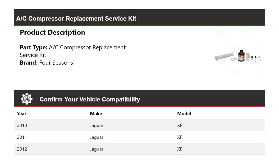 Kit de servicio de reemplazo de compresor de aire acondicionado Jaguar XF 2010-2012 4 estaciones 2011 Foto 2 de 4
