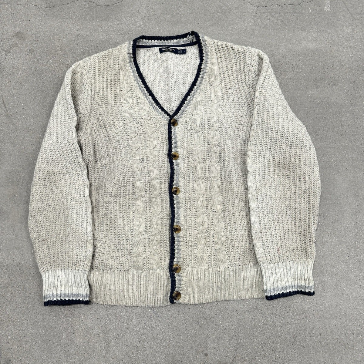 NAUTICA Mens Cardigan Cream Beige Striped Button Front Sweater Long Sleeve  Large