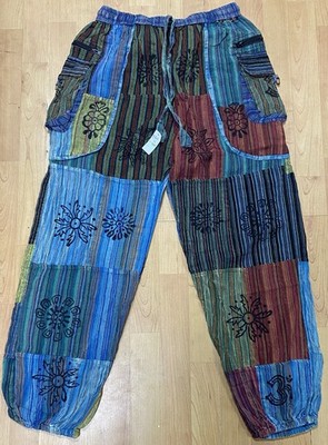 Hippie Patchwork  Boho Beach Elastic Waist Unisex S/M Festival Cargo Pants