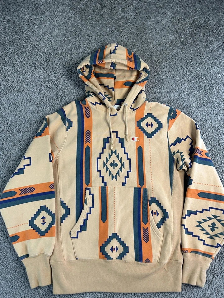 Champion 连帽衫男式中号米色阿兹特克西南反向编织套衫 — 第 3/4 张图片