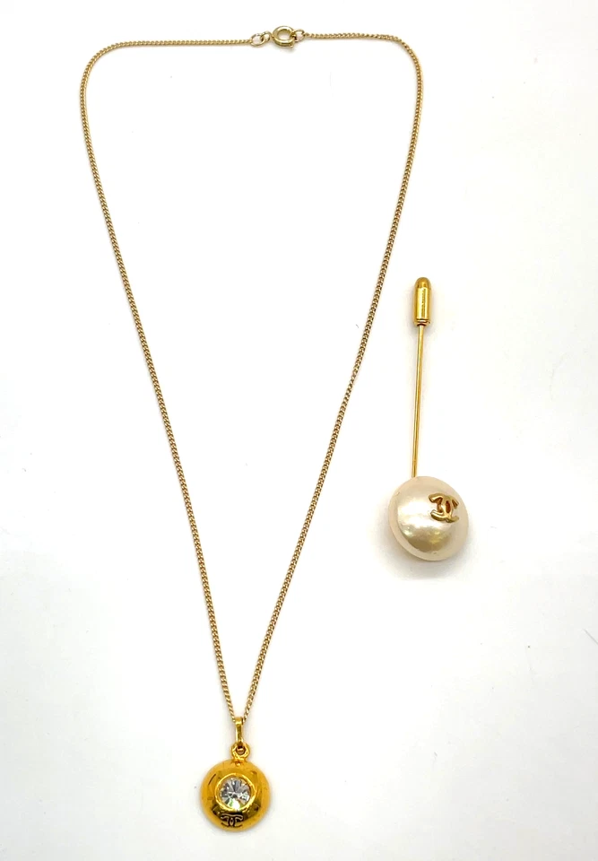 Auth Chanel Coco Mark GP Necklace/Faux PearlsPin Brooch 10.77g SET2 W/B SK040431 - Image 3 of 4