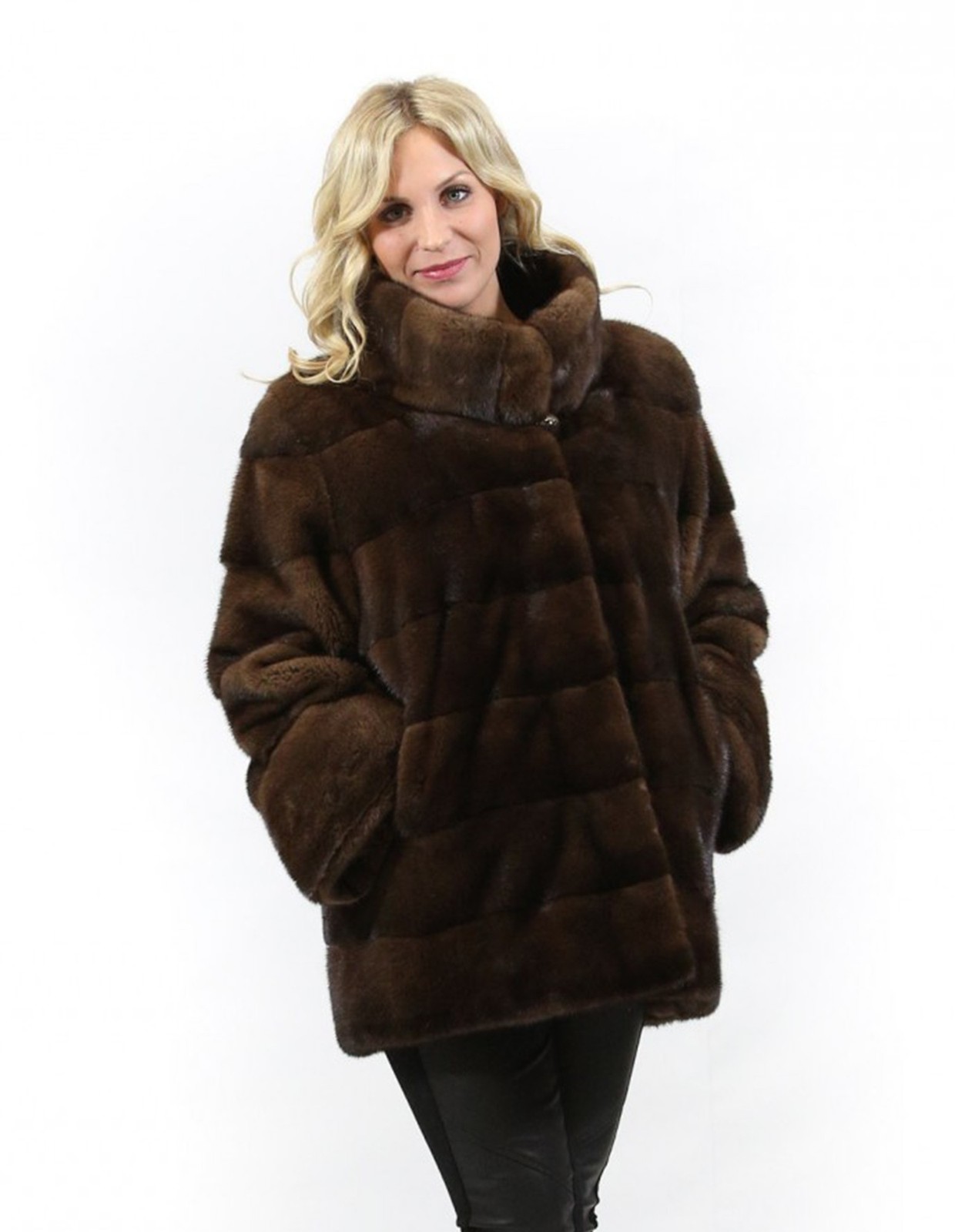 50 Brown Mink Fur Coat with High Neck by Braschi - Horizontal Scan Design  