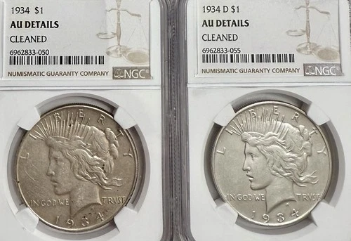 1934-P & 1934-D Peace Silver Dollar NGC AU Details
