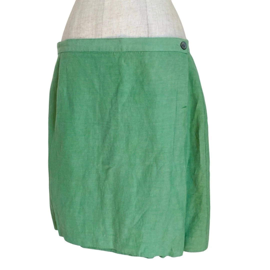 Vtg 90s Y2K Women Silk Linen Blend Short Skirt Olive Green Cream Lined Pencil L