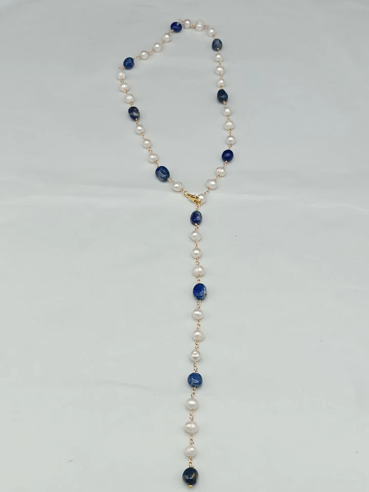 collana donna sciarpa perla naturale sodalite blu argento 925 catena lunga - Immagine 3 di 4