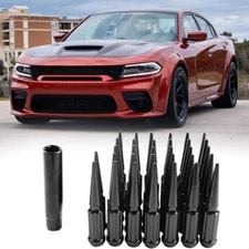 24 PCS Spike Lug Nuts Closed End 14 x 1.5 4.4" Tall w/ Key For Dodge Charger SRT