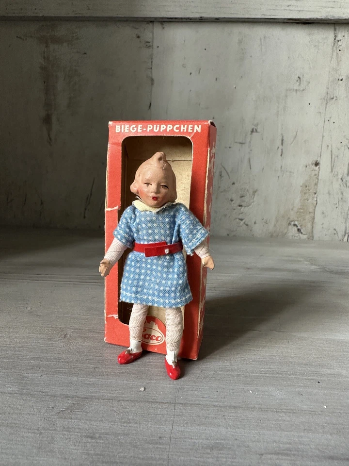 Poupée Ancienne Miniature Allemande Dans Sa Boîte Maison Poupée Poupon 1950 - Photo 2/4