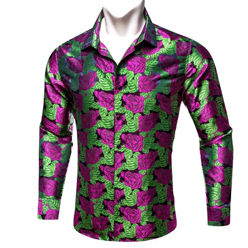 New Mens Silk Shirts Blue Red Grey Floral Dress Shirt Long Sleeve Button Down - Picture 22 of 169