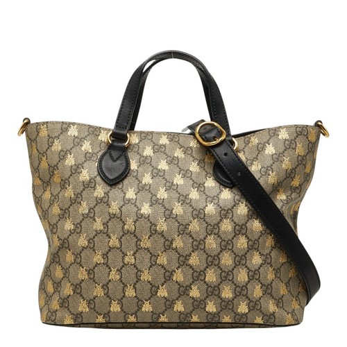 Gucci GG Supreme Bee Handbag Black Beige PVC Leather Shoulder Bag Pre-owned From