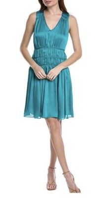 Trina Turk Womens Islander A Line Dress Turquoise Ruched V Neck Cocktail 2 NWT