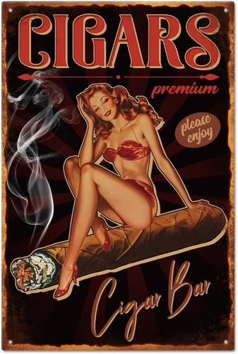Vintage Pin Up Lady Metal Tin Sign 8×12inch Retro Cigar Funny Tin Room Door S...