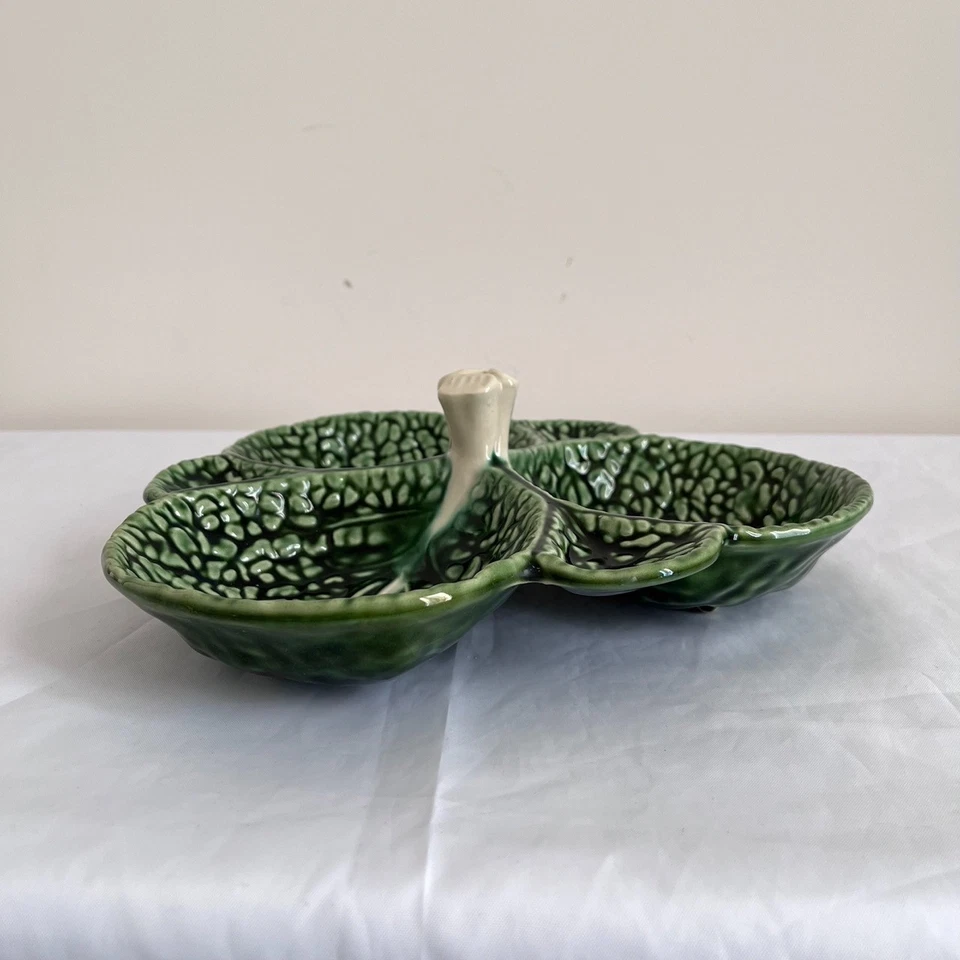Vintage F Subtil Portugal Majolica Cabbage Leaf Divided Serving Dish P 13 - Image 3 of 4