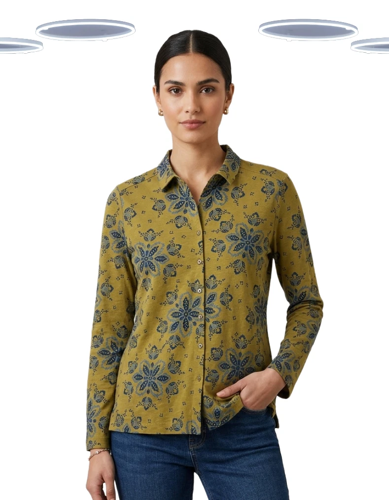 Ex White Stuff Women' Shirt - Long Sleeve Floral Jersey Green (Size 14) (Defect)