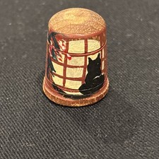 Vintage Hand Painted Wooden Thimble Wood Floral / Cat In Window Thimble