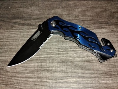 Defender Xtreme Model 7976 Blue & Black Flame Liner Lock Folding Pocket Knife 8''