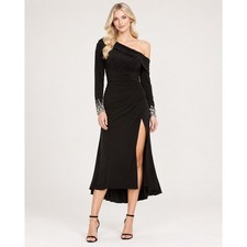 NEW MAC DUGGAL IEENA Dress 4 Stretch Black Beaded Jewel Cuff Ruched Off Shoulder