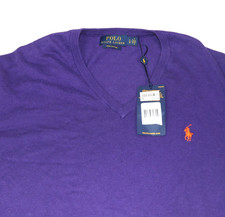 NWT Polo Ralph Lauren V-Neck Sweater Mens L Purple Pima Cotton Orange Pony