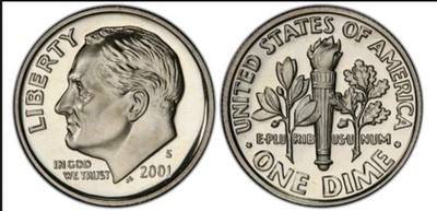 2001 San Francisco Mint US ROOSEVELT DIME 10c  PERFECT GEM PROOF DEEP CAMEO 