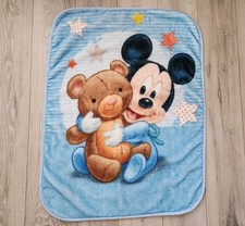 Disney Baby Plush Fleece Blanket Mickey Mouse Hugging Brown Bear Blue Multicolor