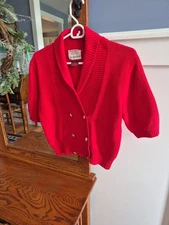 Susan Bristol Red Cardigan Sweater Short Sleeve Small 1990 Christmas 