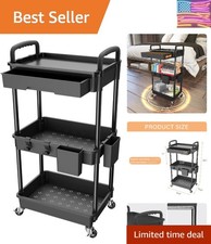 3 Tier Rolling Utility Cart with Drawer, Utility Cart Made of Multifunctional...