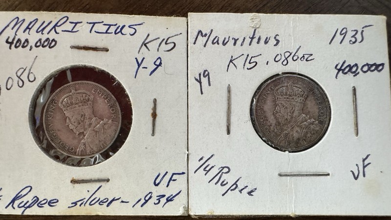 Mauritius Silver 1/4 Rupee Coin Lot 1934 & 1935 George V KM15 VF
