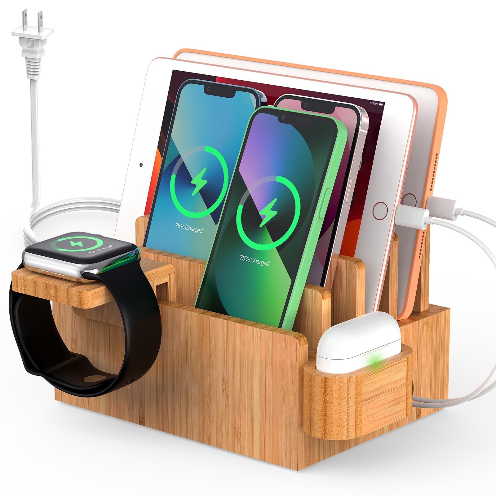 Bamboo Multi-Device Charging Station with 5-Port USB Hub  