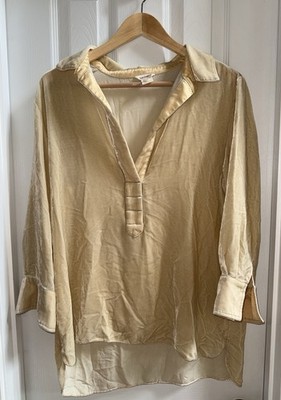 Sundance Velvet Nuance Tunic Blouse Silk M Vneck Champagne Gold Flowy Beach Chic