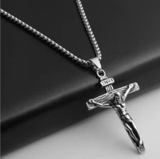 24" Stainless Steel Pendant Necklace Crucifix Cross Jesus Silver Chain Men Gift