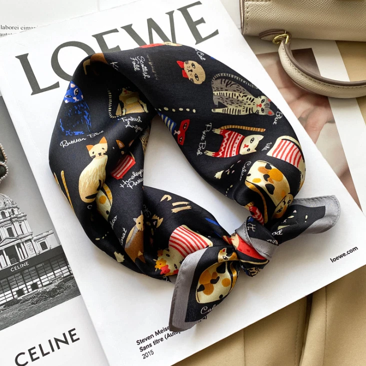 100% Mulberry Silk 20 "Square Scarf Women Neckerchief Wrap Cartoon Cat black - Image 2 of 4