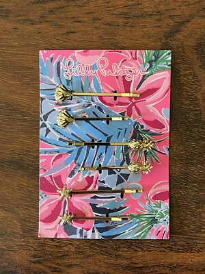 Lilly Pulitzer SET of 6 GOLD METALLIC HAIR PINS Seashell Pineapple Starfish GWP