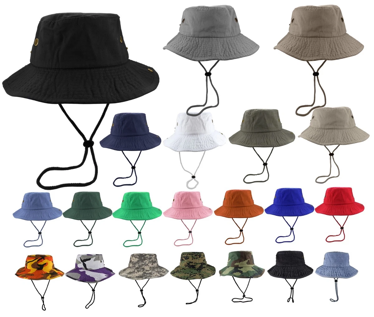 Wholesale lot SUMMER BUCKET HAT MILITARY STRING WIDE BRIM FISHING HUNTING  12pcs